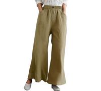 QJDFLL "Pantalon Long décontracté en Lin de Couleur Unie à Taille élastique pour Femme (Khaki, XXXL)