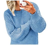 QJDFLL Pull Chaud épais et décontracté pour Femmes, Unie, Patchwork, Haut à col Rond(Bleu,XXL)