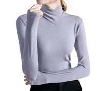 QJDFLL Pull d Hiver Chaud en Tissu côtelé pour Femme, col Haut, Manches Longues, Coupe ajustée, Couche de Base élégante, Chemisier décontracté(Violet,L)