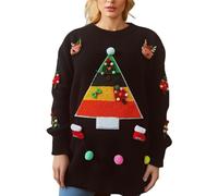 QJDFLL Pull de noël en Jacquard à Trois décorations, Motif Arbre noël, Tricot pour Femmes(Le Noir,XL)
