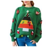 QJDFLL Pull de noël en Jacquard à Trois décorations, Motif Arbre noël, Tricot pour Femmes(Vert,L)