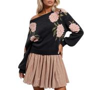 QJDFLL Pull décontracté à Manches Longues en Tricot pour Femme, Motif Jacquard Floral, Ourlet côtelé, col Rond Confortable, l Automne et Hiver(Le Noir,M)