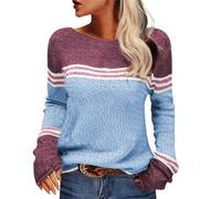 QJDFLL Pull en Tricot à Manches Longues pour Femmes, avec Patchwork rayé, col Rond, Haut élégant Crochet Floral Tenue de Bureau, Automne Hiver(Bleu,S)