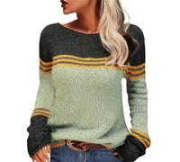 QJDFLL Pull en Tricot à Manches Longues pour Femmes, avec Patchwork rayé, col Rond, Haut élégant Crochet Floral Tenue de Bureau, Automne Hiver(Vert,XL)