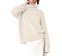QJDFLL Pull léger en Tricot côtelé pour Femmes, Long, col Haut, Unie, Pull-Over(Beige,XL)