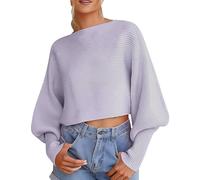 QJDFLL Pull tricoté décontracté à col Rond pour Femmes, Manches Longues Chauve-Souris, Unie, Doux, Ample, côtelé(Violet,S)