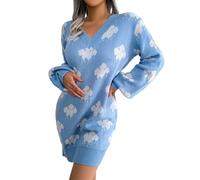 QJDFLL Robe Pull en Tricot à col V et imprimé pour Femme, Manches Longues, idéale Noël, Halloween, Mariage, invités, mariée(Bleu,L)