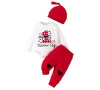 QJDFLL Saint Valentin Barboteuse à manches longues pour garçons et filles, tenue de Saint-Valentin avec lettres imprimées, pantalon, chapeau idée cadeau(Rouge,12-18 Months)