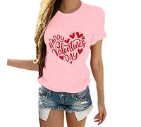 QJDFLL Saint Valentin Chemisier Casual Tops Neck T Print Short Happy Sleeves Shirt Day Women O Valentine s Blouse Cadeau pour sa(Rose,S)