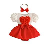 QJDFLL Saint Valentin Combinaison-Robe pour bébé Fille, idéale la Saint-Valentin. Manches en Forme de cœur 3D, nœud Papillon et Bandeau Inclus. Parfaite Une séance(Rouge,0-3 Months)