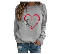 QJDFLL Saint Valentin Cou Pull décontracté Rond Manchette de Coeur Longue Impression pour Femmes Sweat Hoodie Loose Chemisier Amour(Grey,XL)