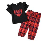 QJDFLL Saint Valentin Ensemble d été pour petites filles : haut à carreaux mignon et pantalon long orné appliqués en forme de cœur, deux pièces. amour love(Le noir,9-12 Months)
