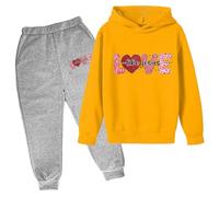 QJDFLL Saint Valentin Ensemble de Pull à Capuche pour Enfants Automne et Hiver Sweat imprimé Populaire sur sous-vêtements décontracté Mignon Manches Longues Cadeau(Beige,9-10 Years)