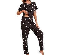 QJDFLL Saint Valentin Ensemble de Pyjama à Manches Courtes pour Femme, imprimé cœur, vêtements Nuit Confortables en 2 pièces avec Pantalon Long Cadeau commun(Le Noir,M)