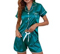 QJDFLL Saint Valentin Ensemble Pyjama Cardigan à Manches Courtes en Soie glacée imprimé Amour de Unie pour Femmes Cadeau Saint Valentin(Vert,XL)