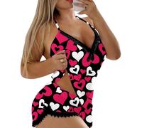 QJDFLL Saint Valentin Ensemble Pyjama débardeur et Short en Dentelle à imprimé cœur pour Femme la Saint-Valentin Cadeau Saint(Le Noir,L)