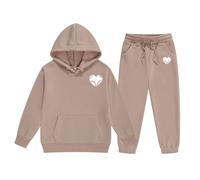 QJDFLL Saint Valentin Ensemble sweat à capuche et pantalon de survêtement pour fille en forme renne, deux pièces enfants, taille M S, unie, manches longues cadeau saint(Kaki,6-7 Years)