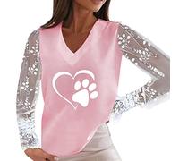 QJDFLL Saint Valentin Femmes évider Hauts Chemise col en V à Manches Longues Pull Dentelle Mignon Amour imprimé Ample décontracté T-Shirt Cadeau(Rose,XXL)