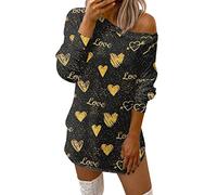 QJDFLL Saint Valentin Ladies Casual Valentine s Day Dress Confortable Love Heart imprimé Off-The-Shoulder Robe Sexy T-Shirt Cadeaux Anniversaire(Or,L)