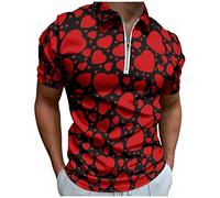 QJDFLL Saint Valentin Mens Valentines Day Casual 3D Digital Heart Shaped Print Zipper Short Sleeve Shirt Top Cadeau(Rouge,XS)
