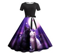 QJDFLL Saint Valentin Mode Femme Saint Valentin Chat imprimé col Rond Manches Courtes rétro Tenue décontractée Un Cadeau(Bleu foncé,XXL)