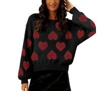 QJDFLL Saint Valentin Pull décontracté Automne-Hiver, Doux et Confortable, Manches Longues, col Ras du Cou, Tricot avec Motif cœur, Tunique élégante Ample, pour Le(Le Noir,M)