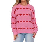 QJDFLL Saint Valentin Pull Jacquard à cœurs, Doux et Confortable, en Maille, Manches Longues, col Rond, Style décontracté, idéal pour l Hiver Automne. Cadeau(Rose,L)