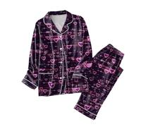 QJDFLL Saint Valentin Pyjamas pour Femmes Ensemble Assorti de Vacances Pyjama Long en Satin boutonné Classique avec Poches Saint Valentin(Rose Vif,3XL)