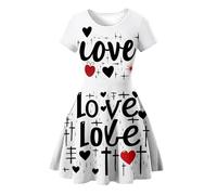 QJDFLL Saint Valentin Robe de Princesse à Manches Courtes pour Filles, vêtements soirée dansante, imprimés d Amour Cadeau Copine(Blanc,2-3 Ans)