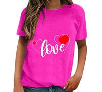 QJDFLL Saint Valentin Saint Valentin à Manches Courtes Printemps été Tout imprimé Motif Ample col Rond Haut t-Shirt Cadeau pour ma(Rose Vif,XL)