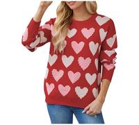 QJDFLL Saint Valentin Saint Valentin col Rond perlé Coeur pêche Pull tricoté pour Les Femmes décoration(Rouge,M)