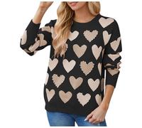 QJDFLL Saint Valentin Saint Valentin col Rond perlé Coeur pêche Pull tricoté pour Les Femmes décoration(Le Noir,L)