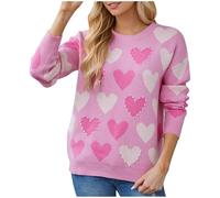 QJDFLL Saint Valentin Saint Valentin col Rond perlé Coeur pêche Pull tricoté pour Les Femmes décoration(Rose Vif,L)