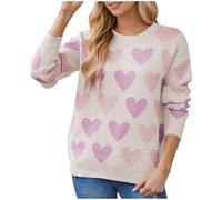 QJDFLL Saint Valentin Saint Valentin col Rond perlé Coeur pêche Pull tricoté pour Les Femmes décoration(Beige,M)