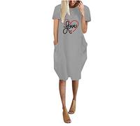 QJDFLL Saint Valentin Sleeve Round Short Print Neck Pocket Women s Dress Casual Decoration Saint(Grey,3XL)