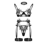 QJDFLL Saint Valentin sous-vêtements Transparents brodés pour Femmes, Creux à Trois Points avec Anneau de Jambe, Lingerie, 2024 Cadeau Femme(Le Noir,M)