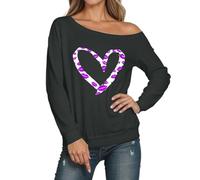 QJDFLL Saint Valentin Sweat-Shirt sans Capuche à Manches Longues et épaules dénudées pour Femme, Haut décontracté Sexy avec imprimé, idéal l Automne Hiver Cadeau St(Gris foncé,L)