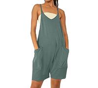QJDFLL Salopette sans manches pour femmes combinaison décontracté solide été jambe large bavoir pantalon Bottons combinaison barboteuse avec poches courtes (Green, XXXXL)