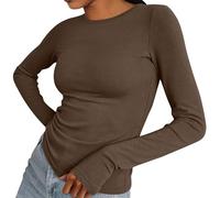 QJDFLL T-Shirt décontracté à col Rond et Manches Longues pour Femme, Unie, avec Base Les Doigts(Café,XXL)