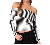 QJDFLL T-Shirt rayé pour Femme, Haut Court à épaules dénudées, décontracté, Manches Longues, Automne, Streetwear(Le Noir,S)