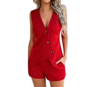 QJDFLL Tenues d'été 2 pièces pour femmes, ensembles courts de vacances, ensembles boutonnés en lin assortis, ensembles gilet et short (Red, L)