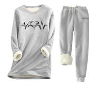 QJDFLL Women’s Autumn Winter Warm Heartbeat Print Fleece Long Sleeve Slim Fit Layering Top and Bottom Set(Light Gris,L)