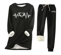 QJDFLL Women’s Autumn Winter Warm Heartbeat Print Fleece Long Sleeve Slim Fit Layering Top and Bottom Set(Le Noir,L)