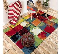 QJDTZMD Tapis Moderne Salon, Salle à Manger, Chambre Peinture à l'huile carrée Multicolore Abstraite Jaune Rouge Vert Jaune, rectangulaire, 140 x 200 cm Tapis à Doux Poils Ras pour Entretien Facile