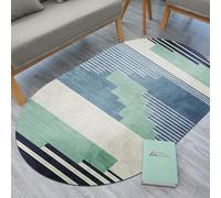 QJDTZMD Tapis Salon Moderne Design Tapis Patchwork géométrique Abstrait à Rayures Bleues et Vertes, Ovale, 90 x 160 cm Chambre Poils Ras Tapis Antidérapant Tapis Doux