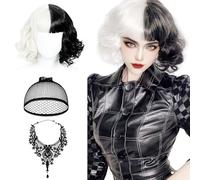 QJFHURB Perruque Cruella Perruque Cruella d'Enfer Cruella Deguisement Perruque Noire Et Blanche Cruella Wig Cruella Perruque Noir Et Blanche Cruella Wig Avec Collier Et Résille En Dentelle Noire