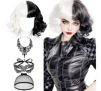 QJFHURB Perruque Cruella Perruque Noire Et Blanche Cruella Perruque Noir Et Blanc Cruella Perruque Femme Perruque Cruella avec Collier De Dentelle Masque pour Les Yeux Et Filet à Cheveux en Dentelle