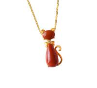 QJFORU Pendentif en Jade, Pendentif Chaton en Agate Rouge Naturelle du sud en Argent S925 plaqué Or (chaîne) for Femme en Jade véritable