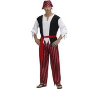 QJIRZB Costume de pirate pour homme - Chemise rayée, pantalon, bandeau et ceinture - Tenue de déguisement de Viking (rouge, XXL)