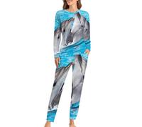 Qjjinxior Ensemble de pyjama à col rond pour femme, pyjama dauphins ludiques pour femmes, pyjama pour femme avec poches, Dauphins ludiques, 5XL